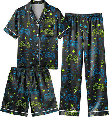Boys Pajamas Silky Satin Piece Pant Shirt Shorts Sleepwear Pjs Set for Kids Button Down Loungewear