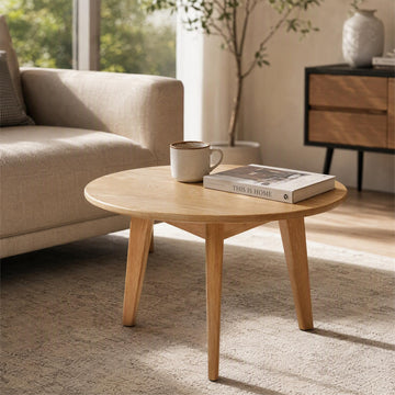 100% Solid Oak Wood Mini Coffee Table, Round Living Room Table Side Table w/Solid Wood Legs, Natural Minimalist