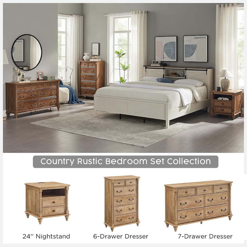 Farmhouse 7-Drawer Dresser with Solid Wood Feet, Light Tree Knot | 4 Solid Wood Feet, Decorative Solid Wood Column