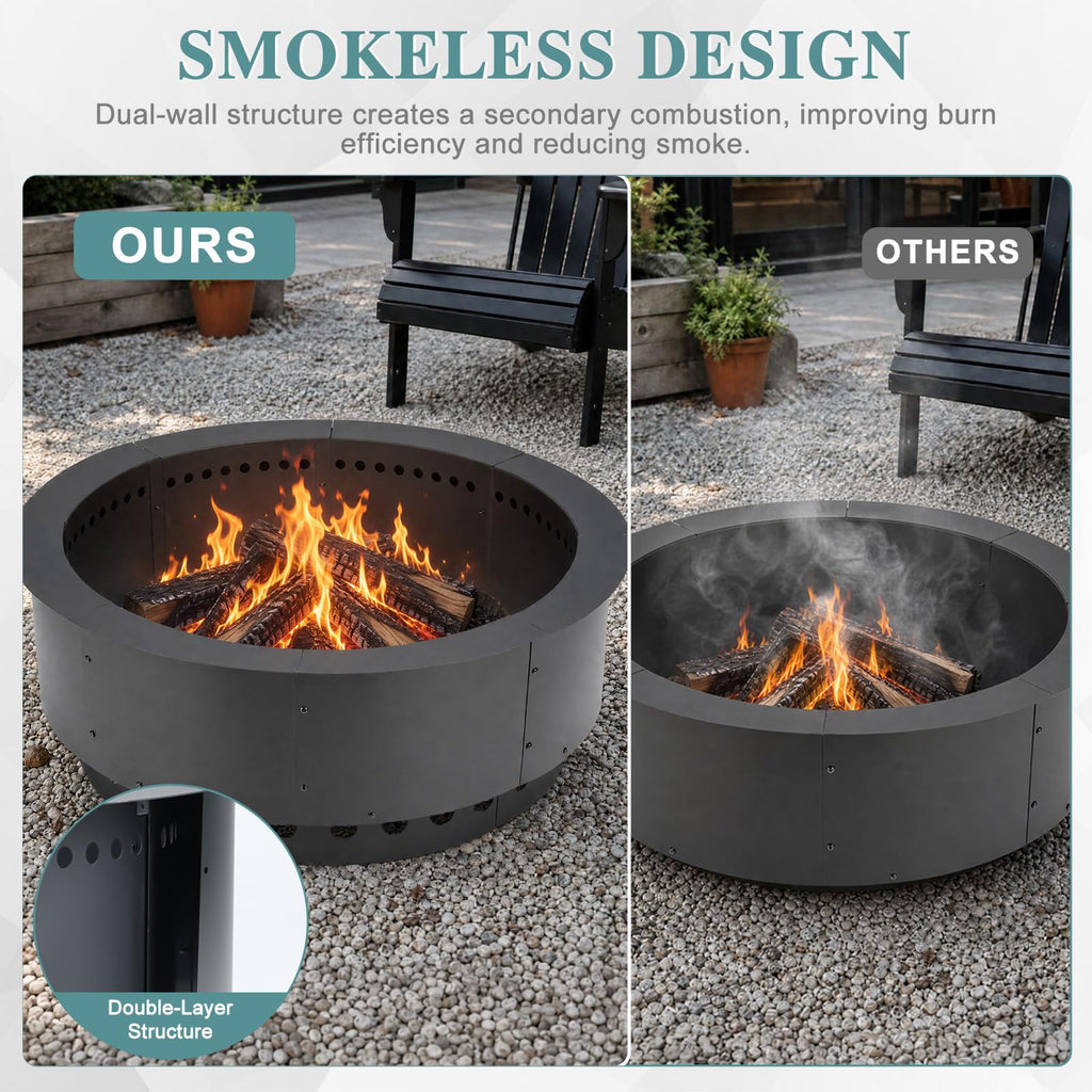 36" Smokeless Metal Fire Pit Ring, 30" Inner Steel Insert