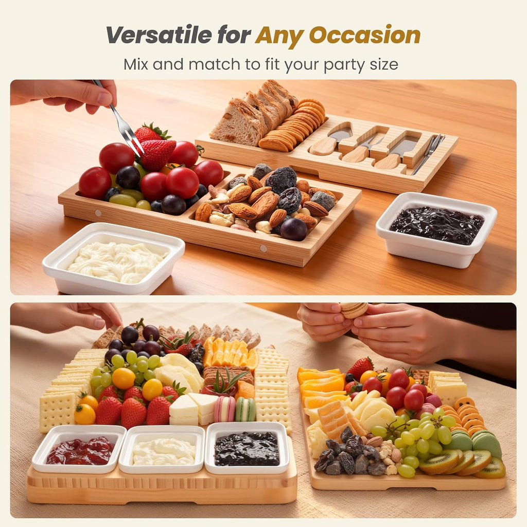 Large Bamboo Charcuterie Board, Double Pull-Out Trays Set, Natural | 15.8"x12.6" Cheese Board with Dual Pull-Out