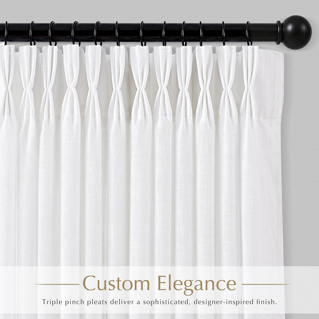 White Linen Triple Pinch Pleat Curtains 78 Inch Length 2 Panels Set Light Filtering Semi Sheer Memory Trained Pleated