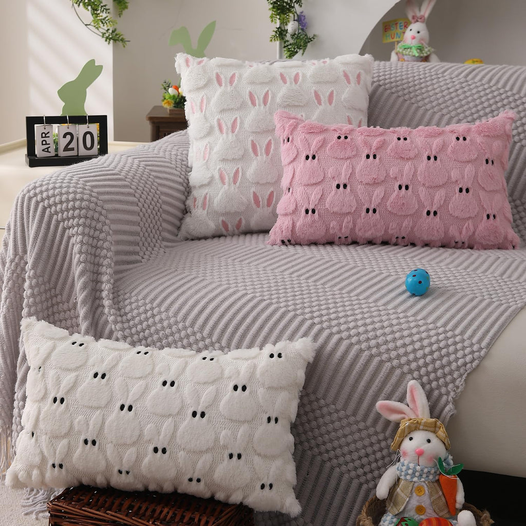 Easter Pillow Covers 18x18 inch Easter Decorations Pink Ears White Rabbit Soft Plush Faux Fur Jacquard Throw - Set of 2