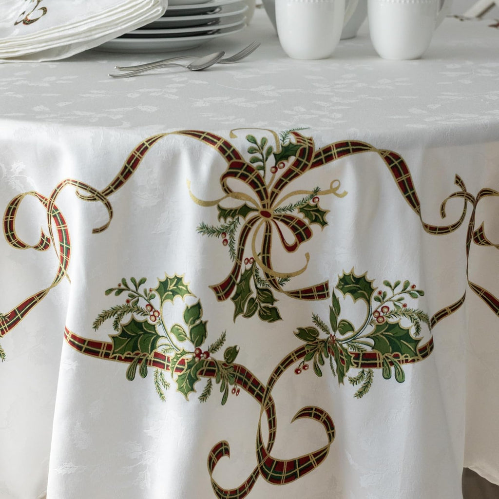 Heavyweight Engineered Printed Jacquard Fabric Christmas Table Cloth, Winter, and Christmas Tablecloth (Merry Ribbons