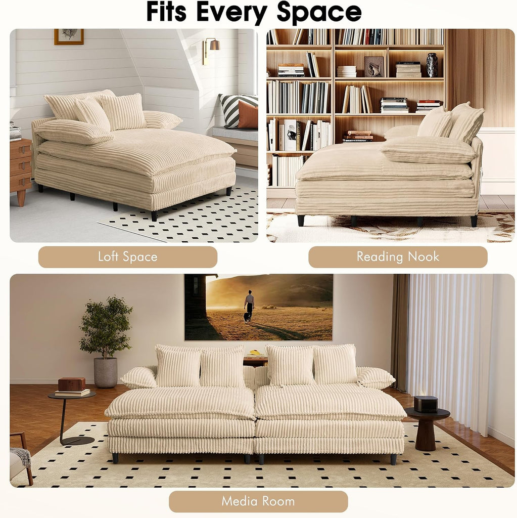 54.8" W Oversized Chaise Lounge Chair Indoor with 5-Position Adjustable Backrest, Corduroy Sleeper Sofa Bed with 3