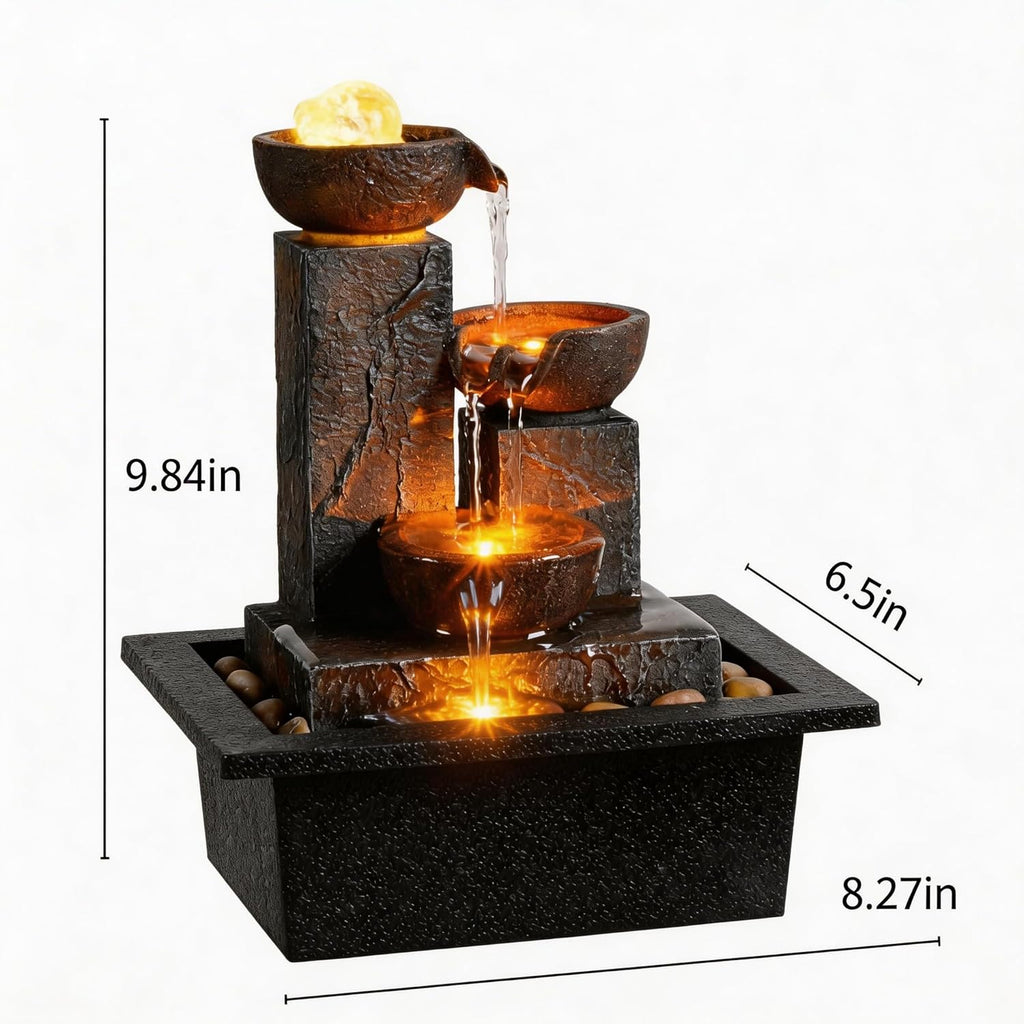 Three Bowls with Rotating Ball Flowing Tabletop Fountain Home Décor Indoor Decor Waterfall Sound Zen Mini Fountain