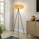Bamboo Tripod Floor Lamp, Handwoven Lotus Shade Standing Lamp, Boho Natural Woven Light with Black Metal Stand Bedroom