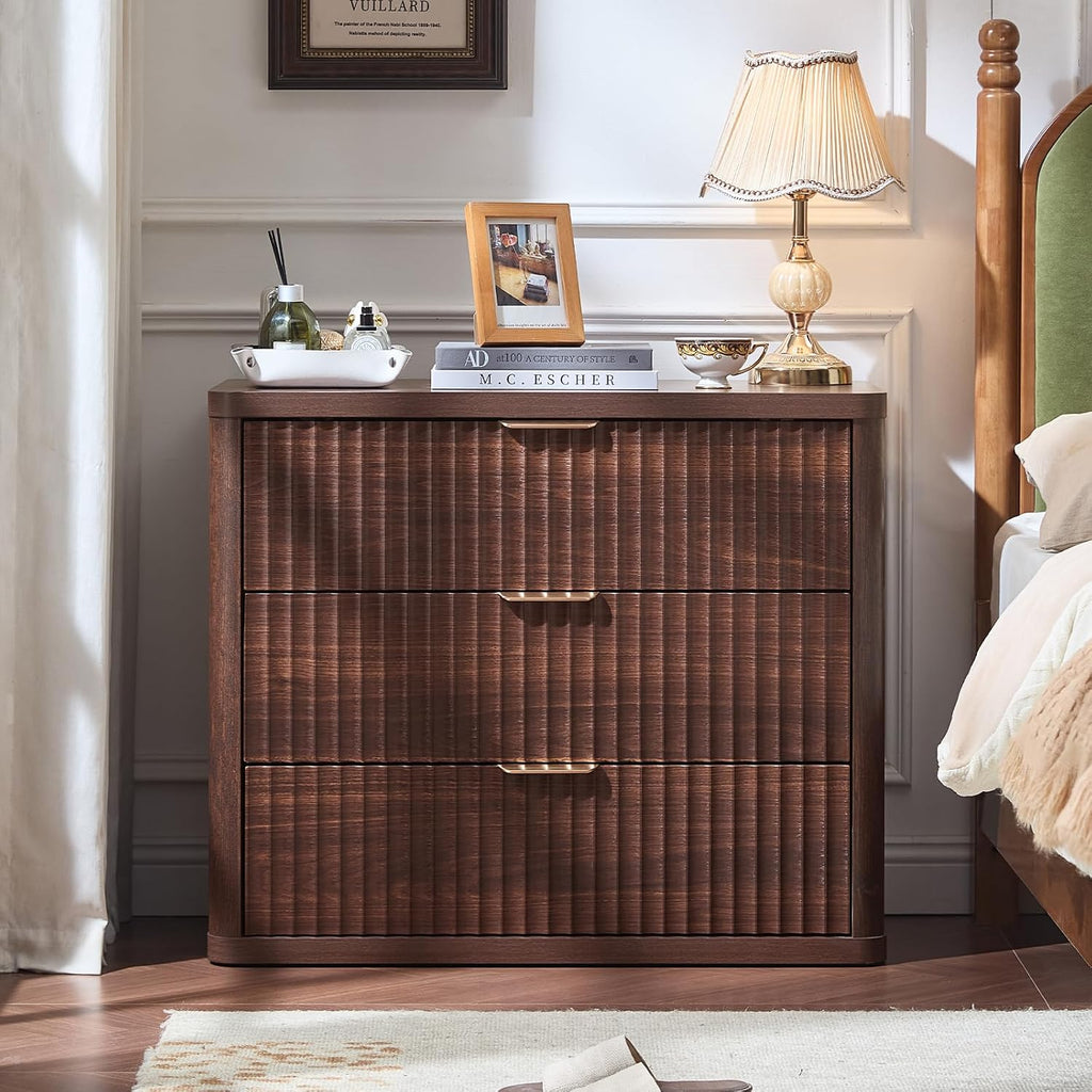 31" Wide Fluted Nightstand, Oversized Extra Large 3 Drawers Night Stand, Walnut Wood Bedside Table,Tall Bed Side End