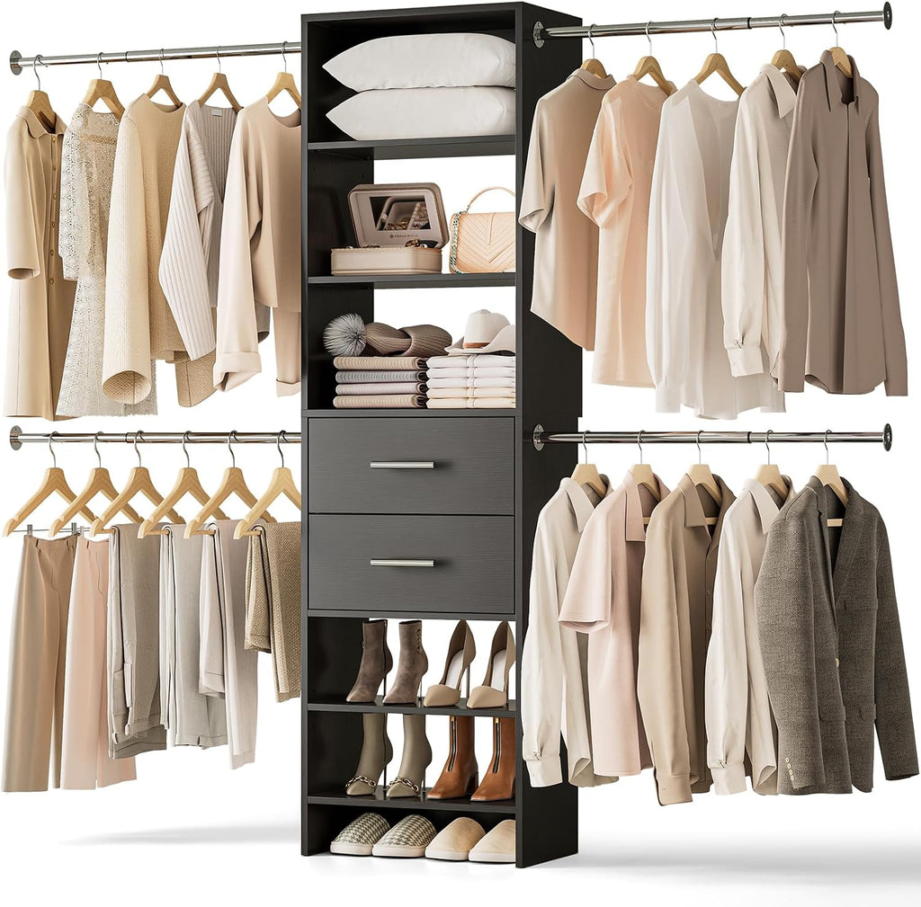 W2 Closet System with 2 Drawers, 3.5FT-7.7FT Closet Organizer System with 4 Chrome-Plated Telescopic Rods & 5