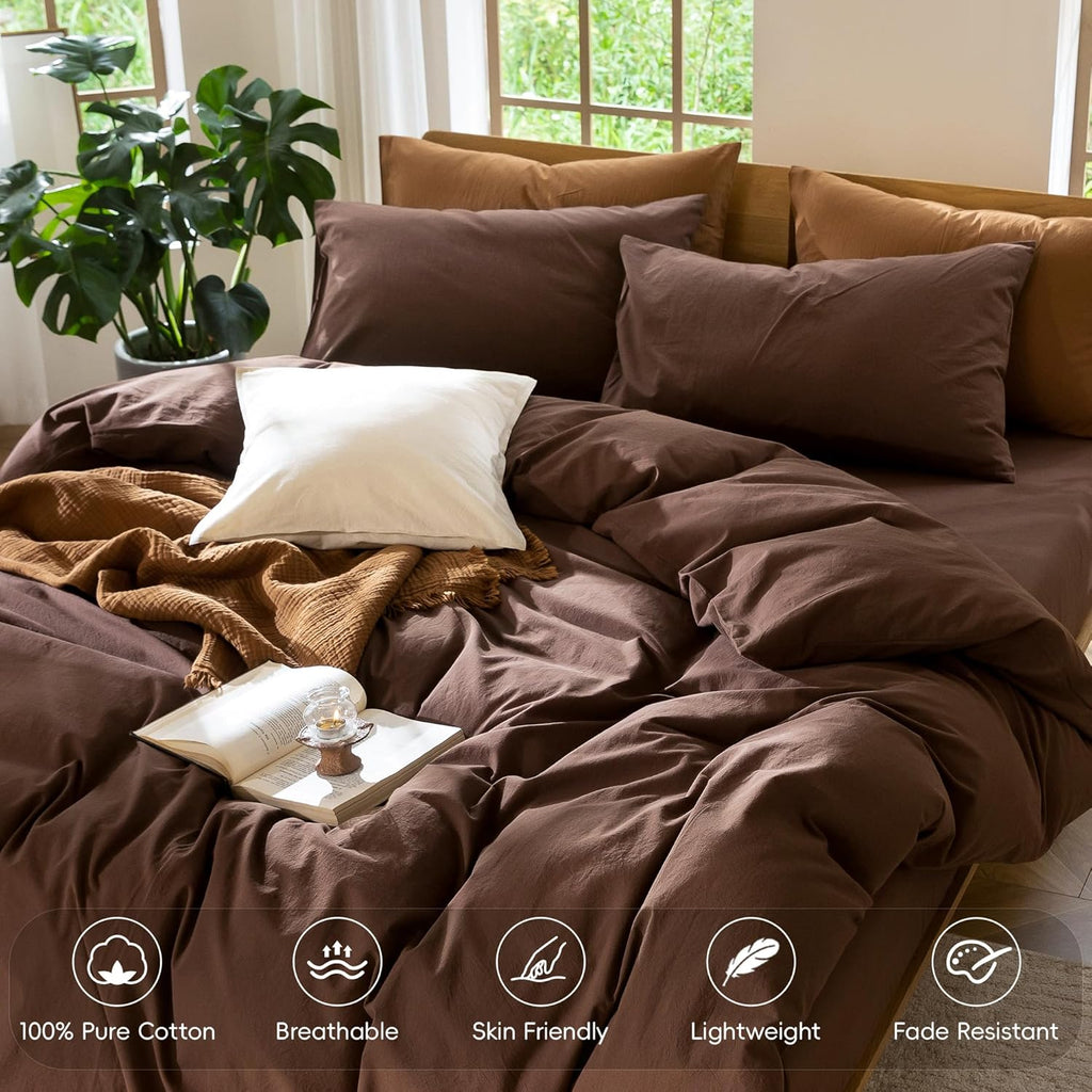 Bedding Duvet Cover Set 100% Washed Cotton Linen Like Textured Breathable Durable Soft Comfy (Solid Cocoa Brown