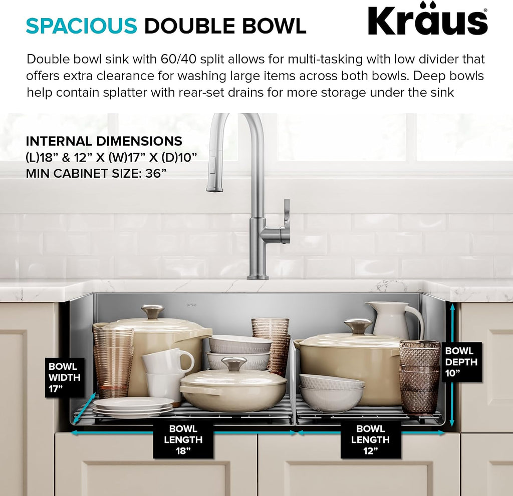 Kitchen Sinks Undermount - 32 Inch Stainless Steel Kitchen Sink, 60/40 Double Bowl, 16 Gauge, Model KHU103-32
