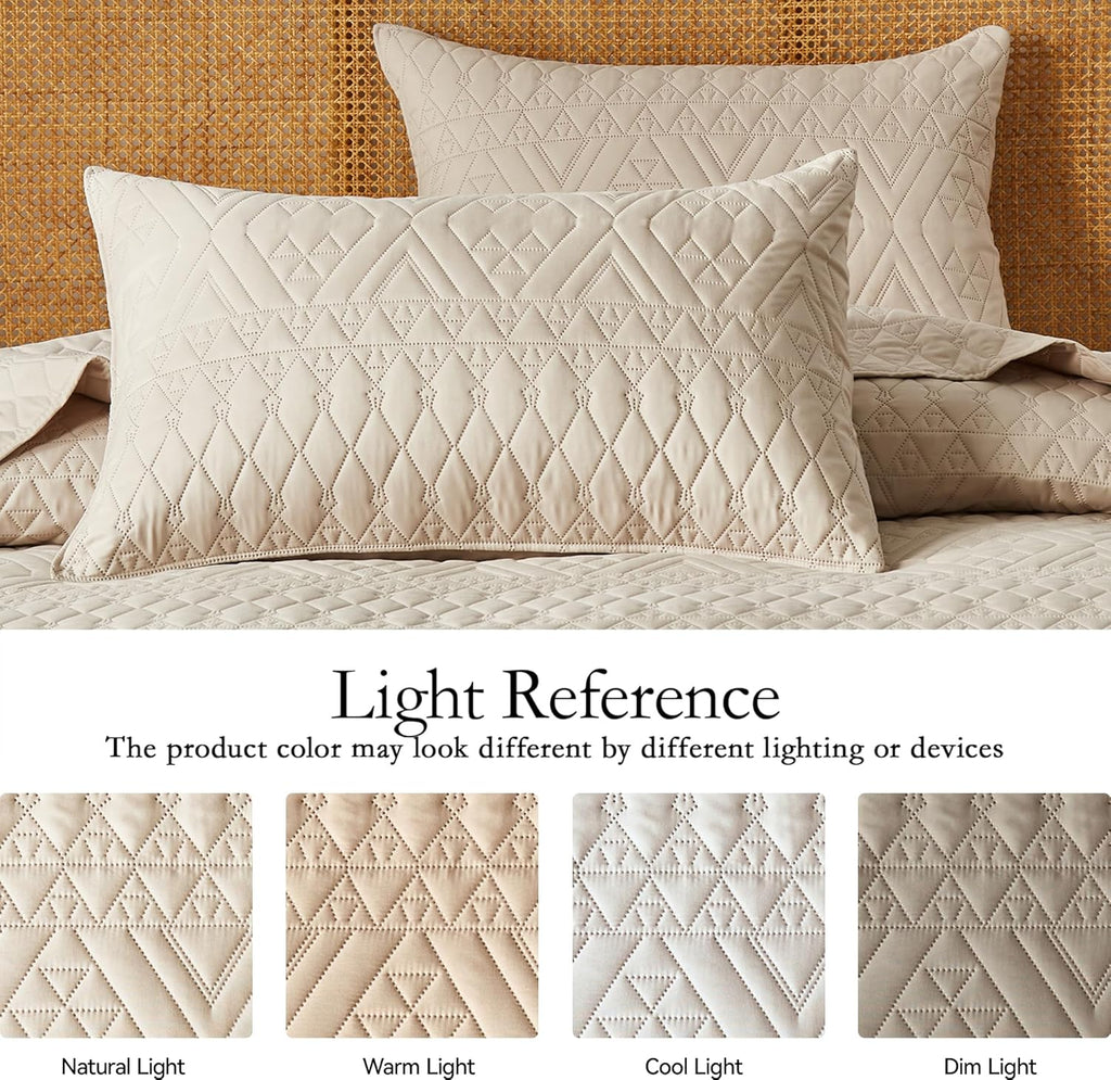 Full/Queen Quilt Bedding Set,Beige Lightweight Microfiber Soft Bedspread,Modern Style Geoetric Pattern Coverlet Set