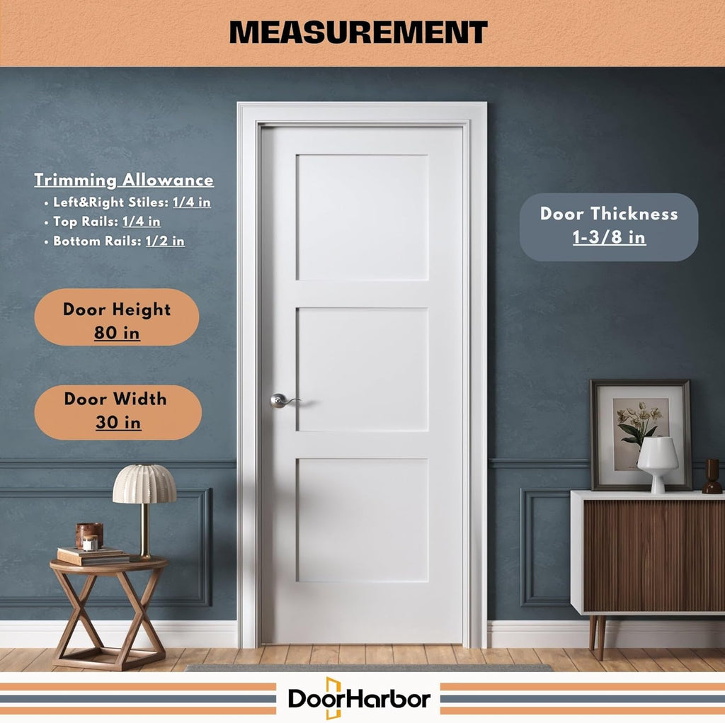 30" x 80" Prehung Interior Wood Door, 3-Panel Shaker, Left Handing, Solid Core, White Primed, with Pre-Drilled Holes, Frame (Jambs Kit), and Satin Nickel Hinges, for Closet, Pantry, and Bedroom Use