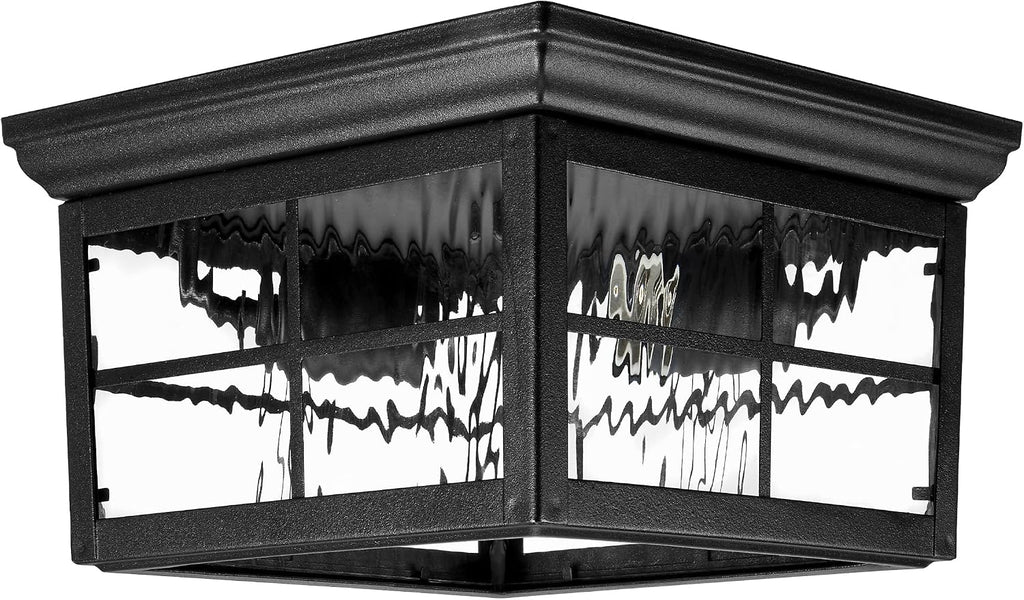 Outdoor Flush Mount Ceiling Light Fixture, Black with Water Glass | Square Farmhouse Porch or Patio Light