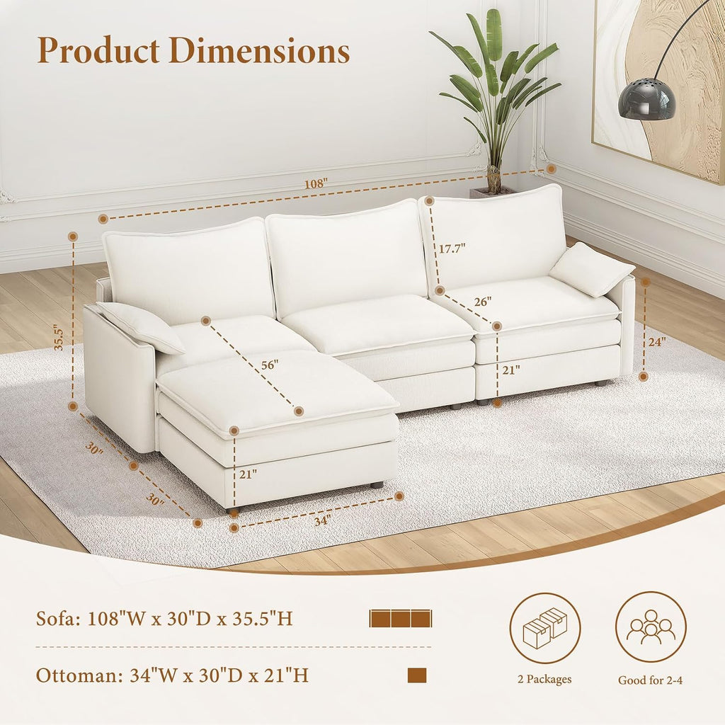 108" Modular Sectional Sofa, Comfy Cloud Couch with Movable Ottoman Deep Seat Chenille L Shaped Modular Sofa