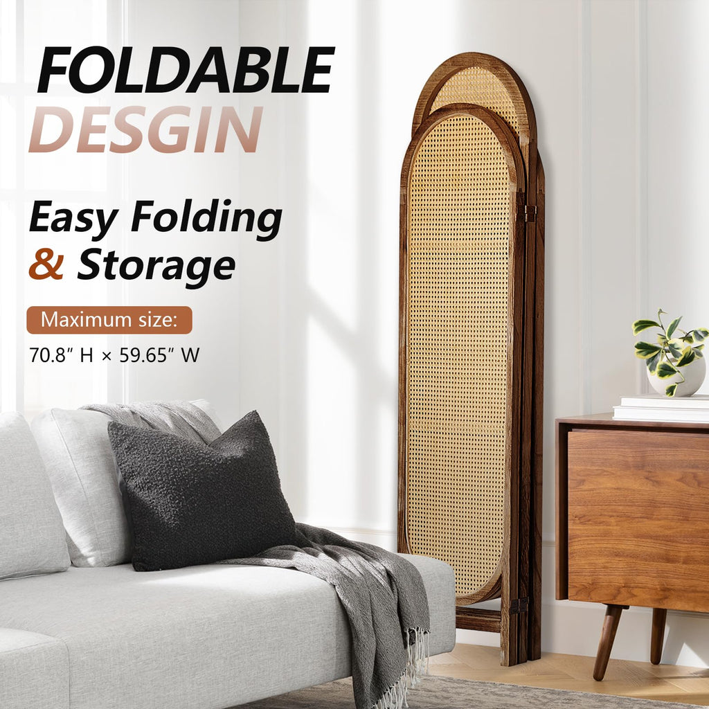 3 Panel Rattan Room Divider Screen, Boho Folding Privacy Screen