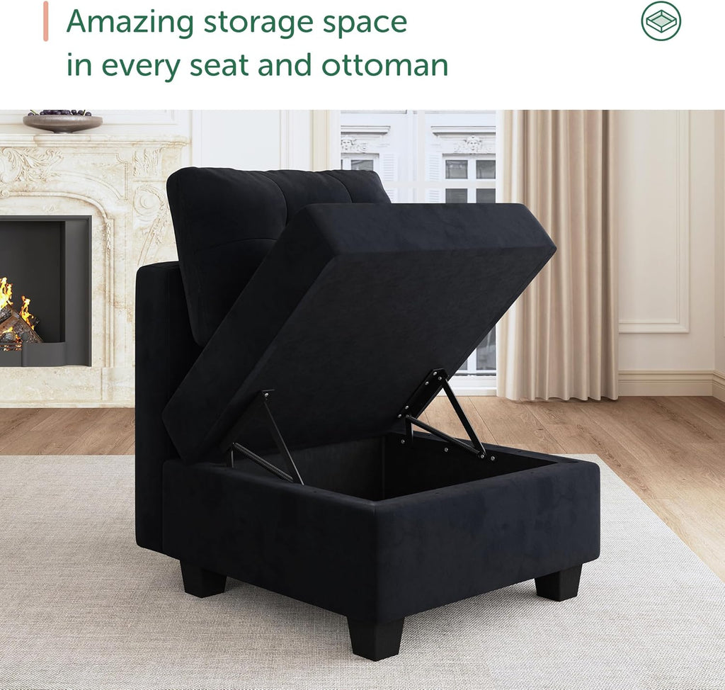 Sectional Couch with Storage, Modular Sectional Sofa, Velvet Couches for Living Room, Black