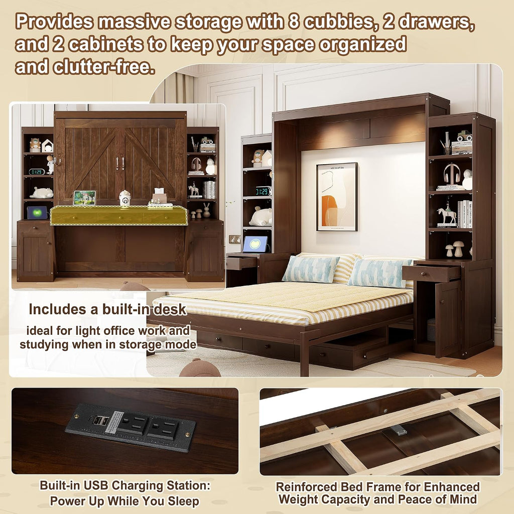 Queen Murphy Bed with Desk and LED Lights, Power Outlet, Foldable Murphy Cabinet Bed with Open Storage Shelves &