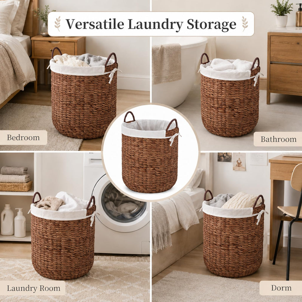 Round Woven Laundry Basket with Removable Liner, Handwoven Water Hyacinth Clothes Hamper Basket with Handles