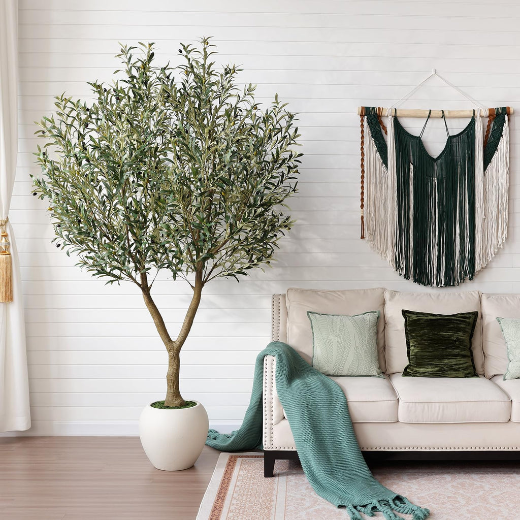 8FT Olive Trees Artificial Indoor with 15in White Round Planter