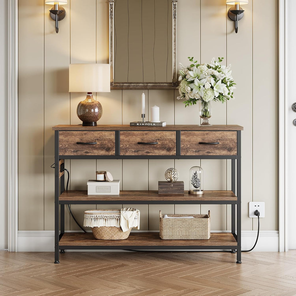 Entryway Table with Outlets, 3 Fabric Drawers, 43 in Console Table | 43.3"W x 11.8"D entry table with 2 outlets, 2