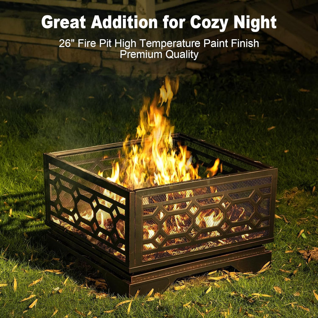 Outdoor Fire Pit, 26 Inch Wood Burning Firepit for Outside with Mesh Cover & Fire Poker, Large Square Metal Fireplace