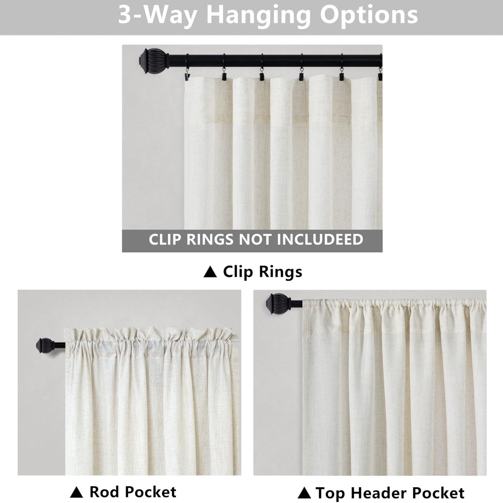 60 Inch Wide Natural Linen Curtains Light Reducing Sheer Large Window Curtain Panels Set of 2 Total Width 120 x 90
