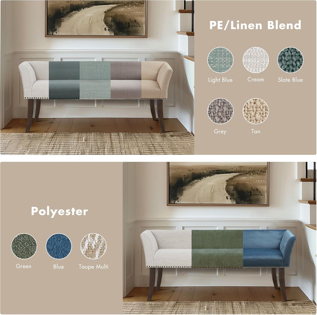 Accent Bench, Upholstered with Nailhead Trim, & Padded Seat Entryway Bench Small, End of Bed Bench with Back, 49.5" W