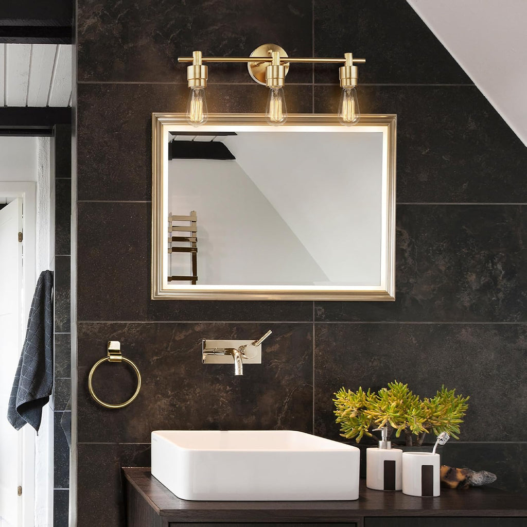 5-Piece Bathroom Accessory Set with 3-Light Vanity Fixture, Matte Brass Finish, Open Socket Design, Towel Bar, Towel