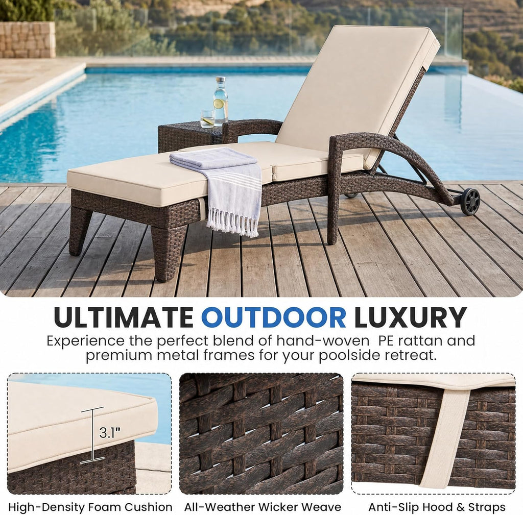 Chaise Lounge Chairs Set of 2, Upholstered 5-Positions Adjustable Lounge Chairs, Wicker Outdoor Long Reclining Chaise