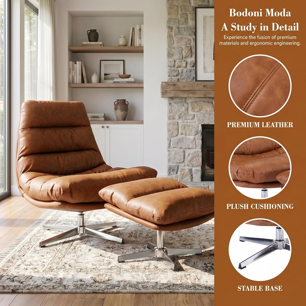 Modern Reading Chair and Ottoman — Brown PU Leather
