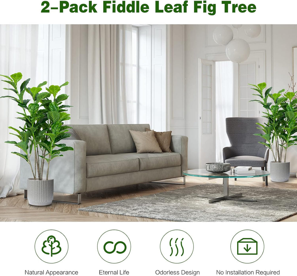 Fake Fiddle Leaf Fig Tree, 2-Pack 51'' Tall Artificial Tree Greenery Plants in Pots W/100 Leaves, Decorative Faux - Set of 2