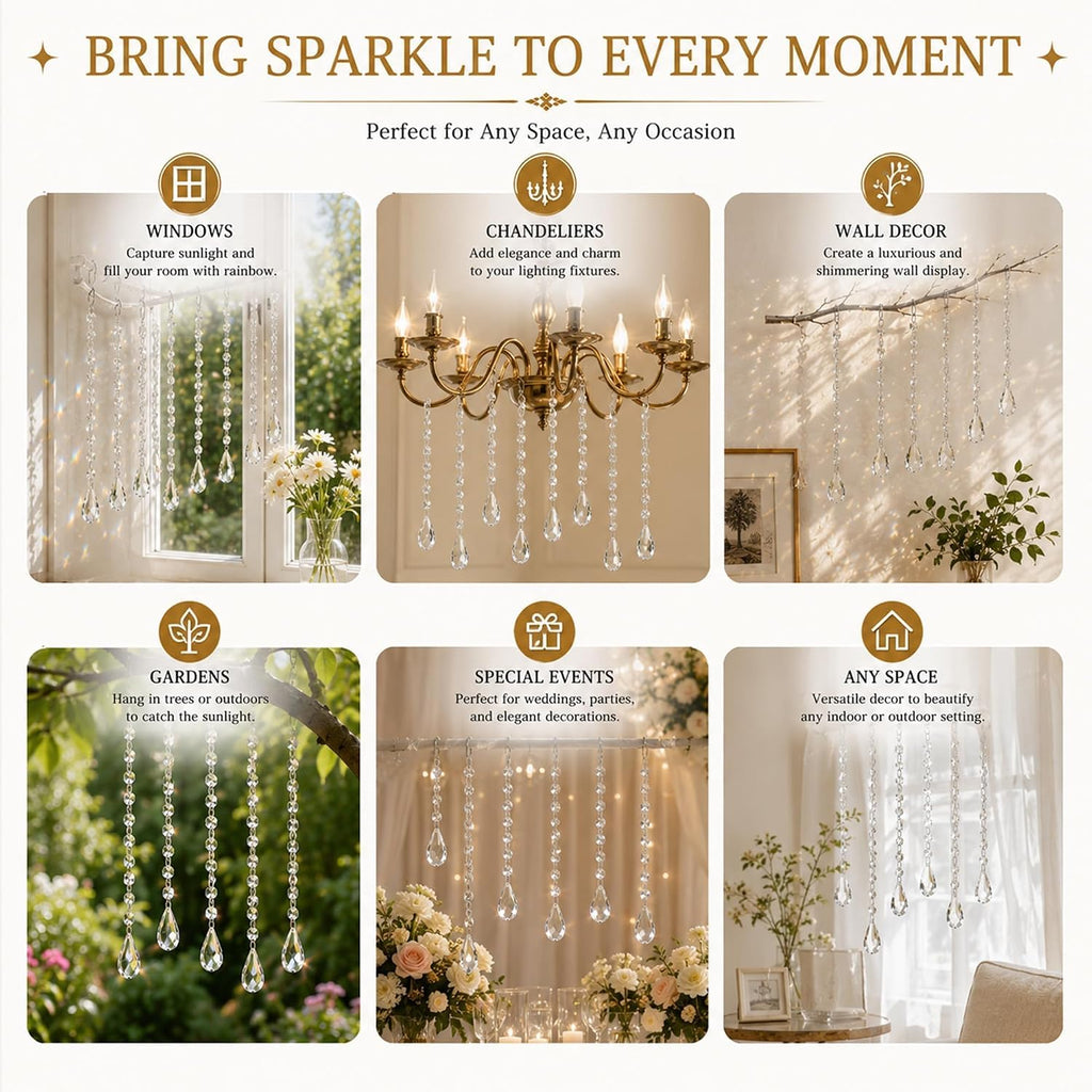 1ft 10pcs Teardrop Crystal Garland Prism Beads Chains - Hanging Crystals, Glass Chandelier Parts Replacement