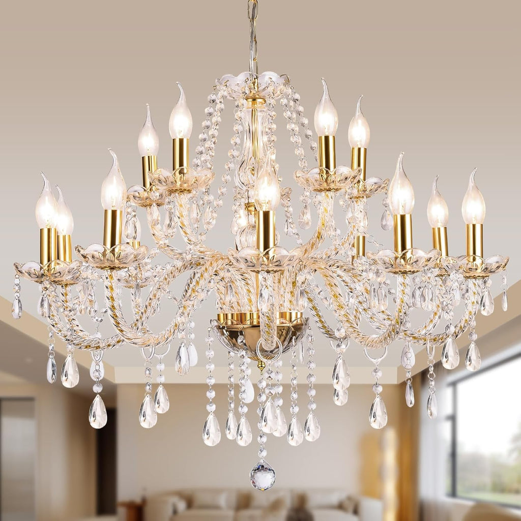 Modern Elegant 15 Lights K9 Crystal Glass Chandelier Golden Pendant Ceiling Lighting European Style for Dining Living Room Bedroom Transparent,15 E12 Bulbs Required A110-B0DRF69KR1