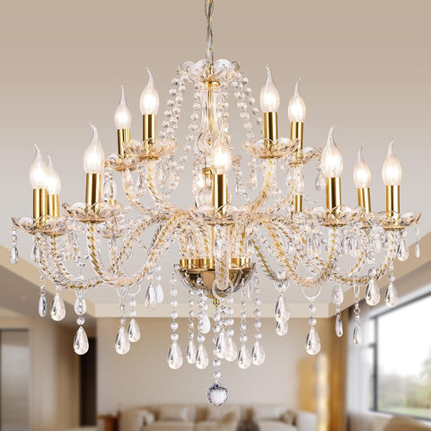 Modern Elegant 15 Lights K9 Crystal Glass Chandelier Golden Pendant Ceiling Lighting European Style for Dining Living Room Bedroom Transparent,15 E12 Bulbs Required A110-B0DRF69KR1