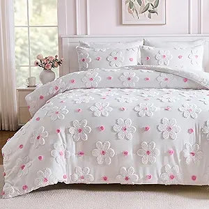 Queen Comforter Set for Girls Pink Tufted Daisies Flowers Bedding Set