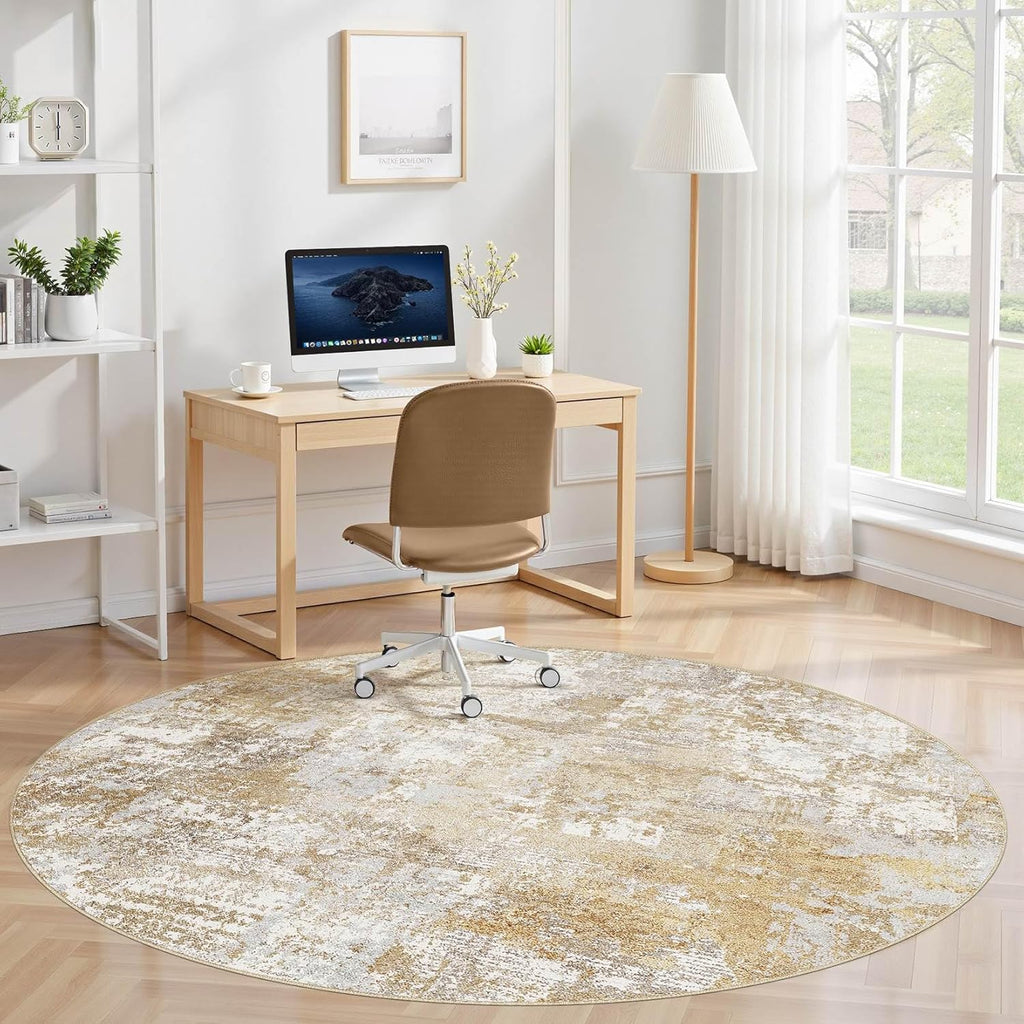 Washable 8' Round Area Rug for Living Room: Modern Abstract Neutral Large So' Thin Rugs - Non Slip I