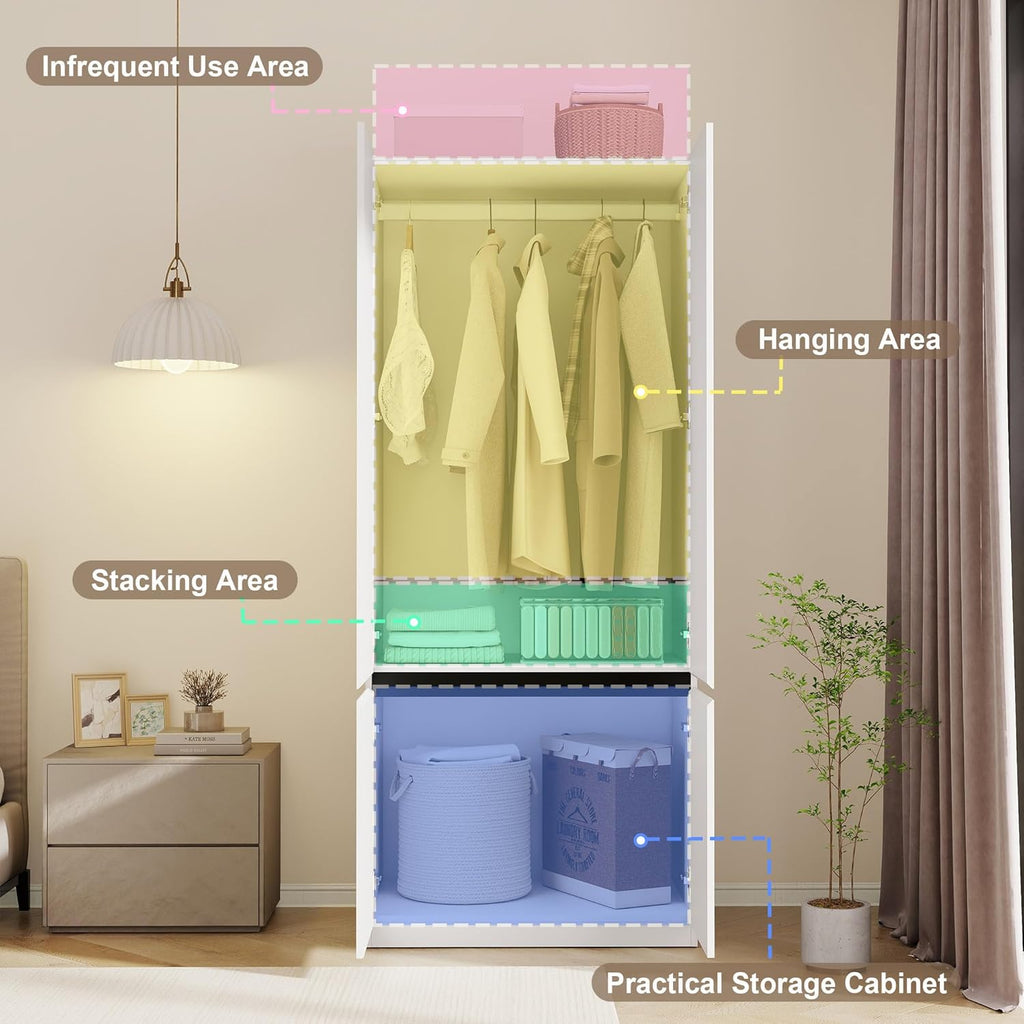White Armoire Wardrobe Closet: 74" Large Wardrobe Closet with 2 Doors, Wood Closets Cabinet for Hanging Clothes
