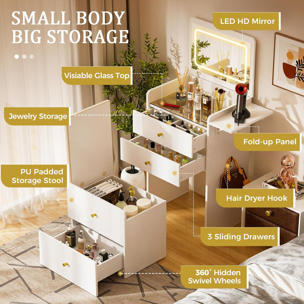 Makeup Vanity Desk with Mirror and Lights, Small 3 in 1 Vanity Table with Visible Glass Top, Flip Top & 3 Drawers