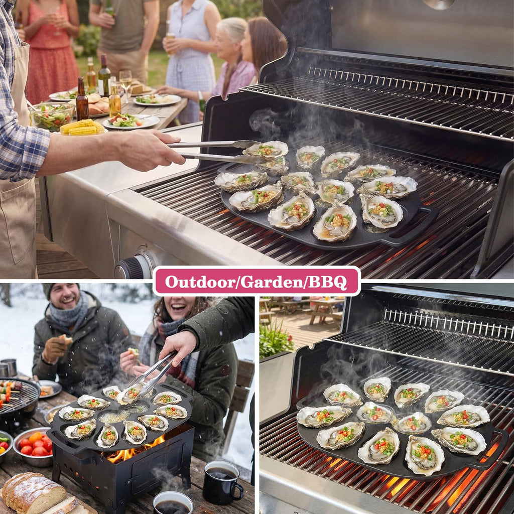 Oyster Grill Pan, Cast Iron Multi-Functional Grill Pan for Oysters and Scallop, Matt Enamel, 12 Cavities, for BBQ