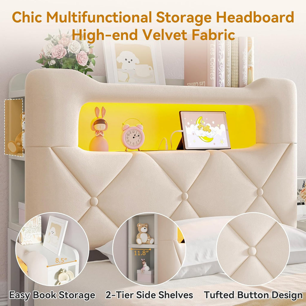 Twin Upholstered LED Bed Frame with 2 Storage Drawers and 2-Tier Storage Bookcase Headboard, Velvet Princess Platform
