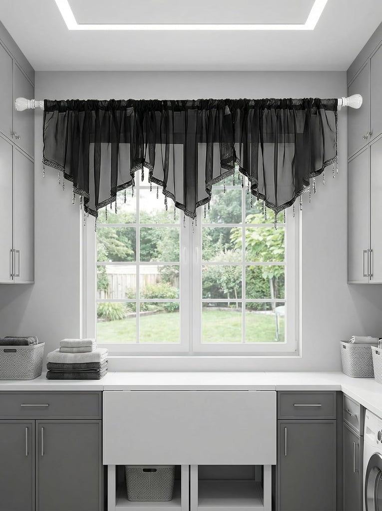 Swag Curtain 51 inch Length Rod Pocket Scalloped Curtain Valance Sheer Lace Panels with Hanging Crystal Beads for Kitchen Bedroom Window Treatments Drape Decor 1pc (Black, 51Wx23L)