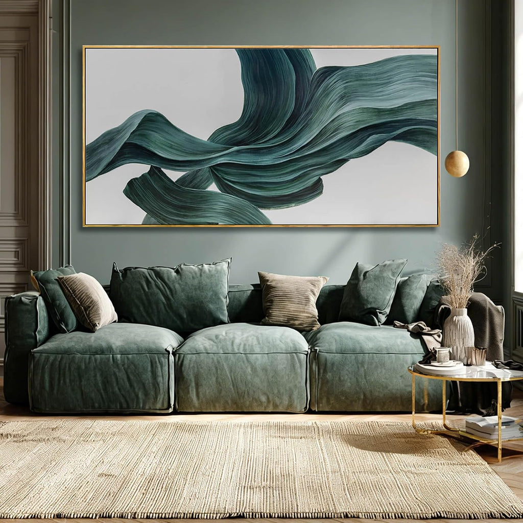 Green Abstract Canvas Wall Art, Large Framed Artwork with Wooden Frame, Pictures Wall Decor, Contemporary