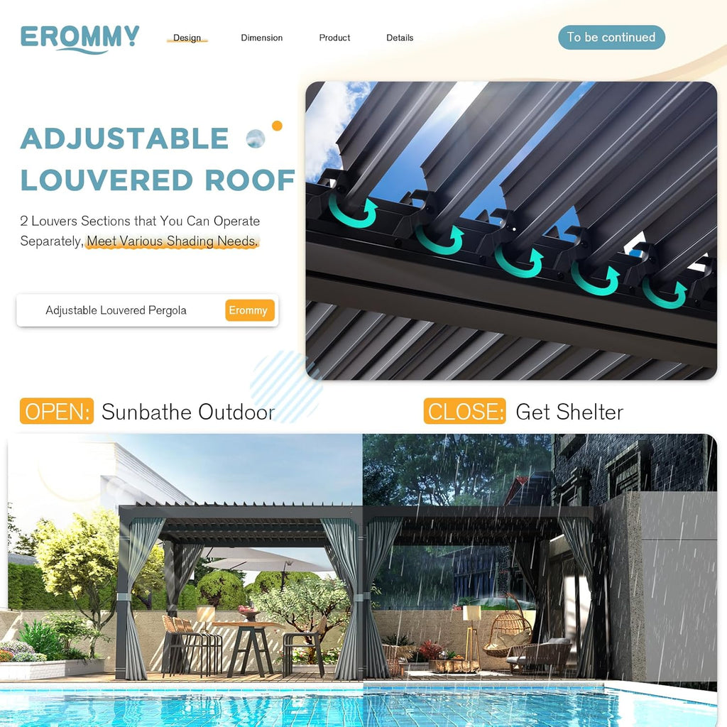 10x20FT Louvered Pergola Outdoor Sun Shade Shelter with Aluminum Frame and Adjustable Metal Rainproof Roof for Garden