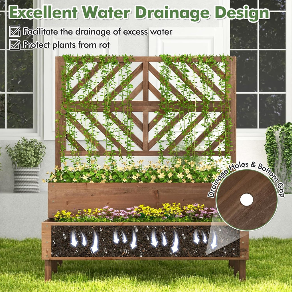 Raised Garden Bed with Trellis & 2 Planter Boxes, 2-Tier Outdoor Wooden Elevated Planter Box with Legs & Drainage