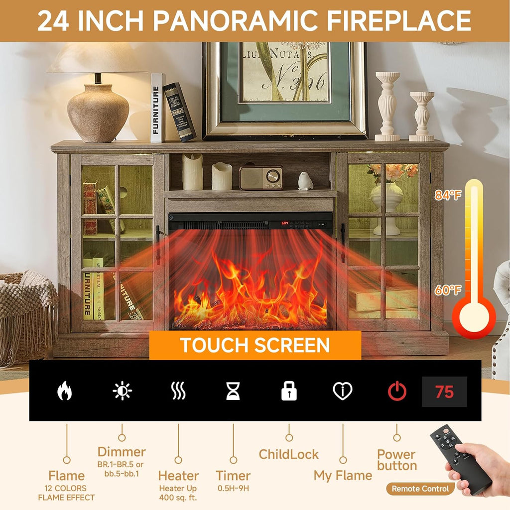 3 Sided Glass 59" Fireplace TV Stand for TVs up to 65inch, Media Entertainment Center with Glass Door Storage