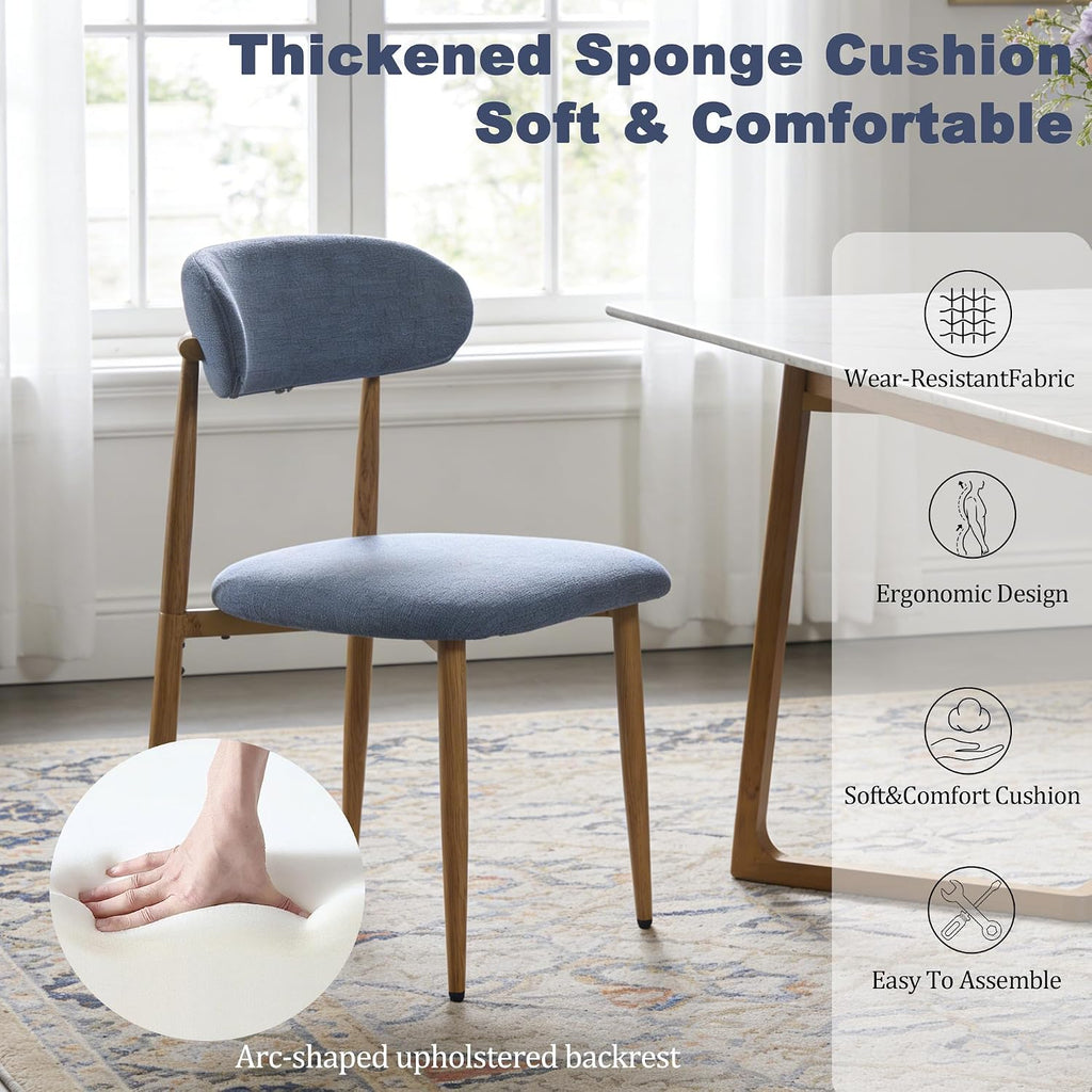 Modern Upholstered Dining Chairs Set of 4, Mid-Century Metal Frame with Wood Grain, Linen Fabric Side Chair for