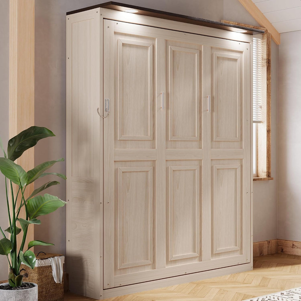 Murphy Bed with LED, Solid Wood Wall Bed, Converts to Cabinet for Space Saving, Queen, Beige