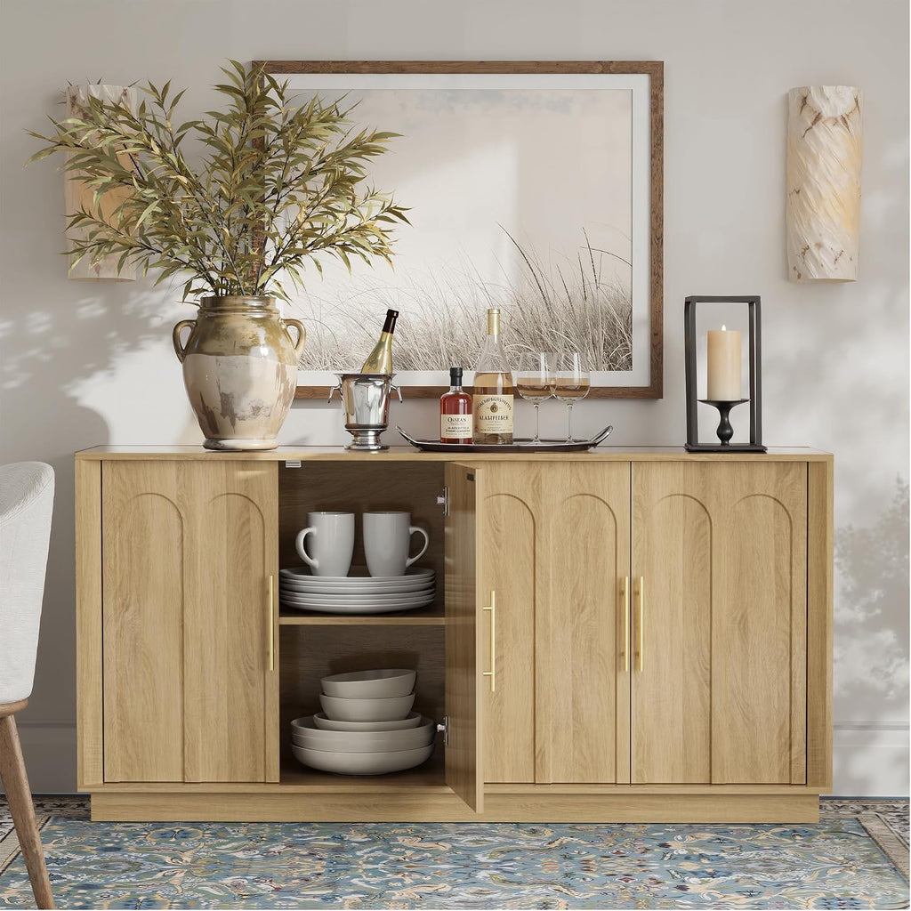 67" Sideboard Buffet Cabinet with Storage, Arched Doors, Oak | Modern Minimalist Accent Cabinet with Wood Gain, Boho