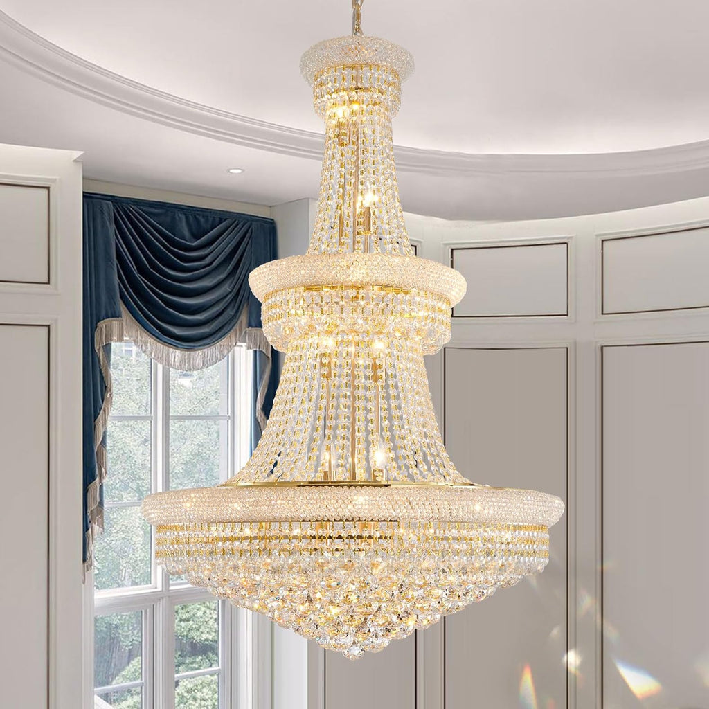 Large Gold Crystal Chandelier Light - Diameter 31.5", 3 Layers Ceiling Haning Chandeliers, Pendant Lighting for Living Room, Dining Room, Foyer
